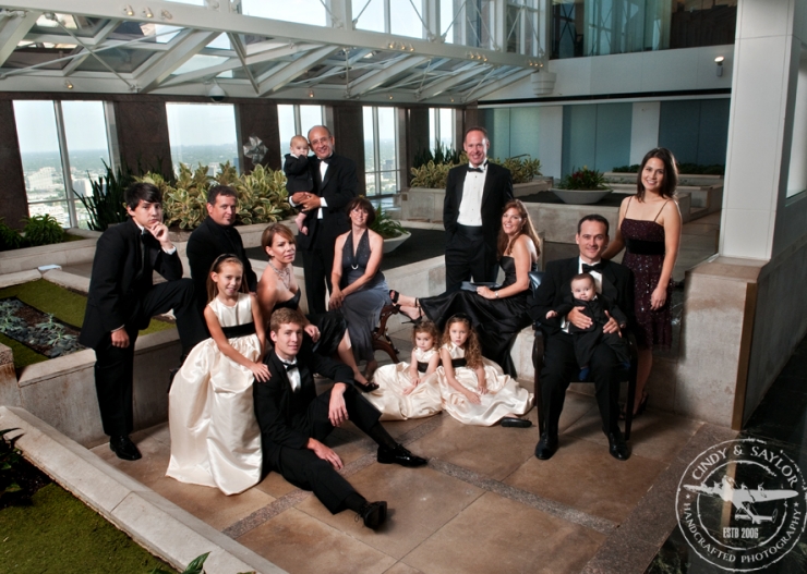 formal photo of extended family at the sky lobby in dfw