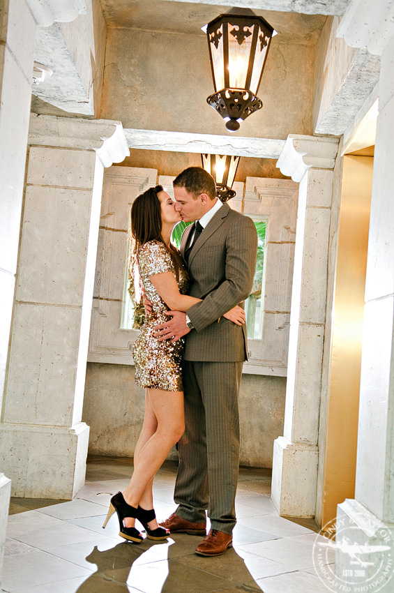 formally dressed engaged couple in a romantic portrait taken at the gaylord texas resort and wedding venue in grapevine texas