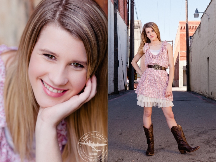 teen girl wearing dress and boots in historic square in downtown Mckinney