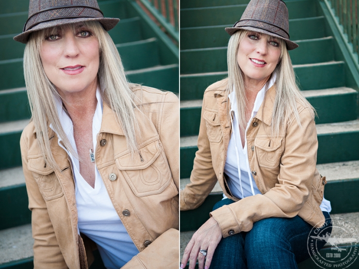 portrait of woman in hat and leather jacket in historic downtown mckinney