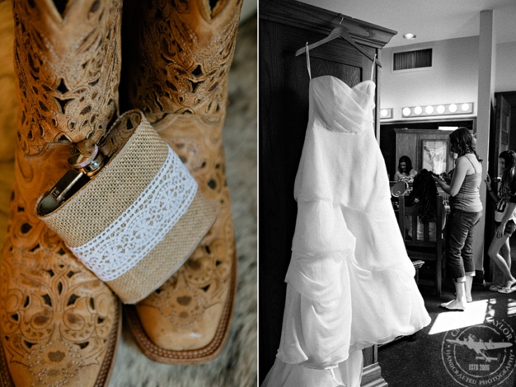 Bridal Gown and boots, while bride gets ready at the Historic Stockyards Hotel