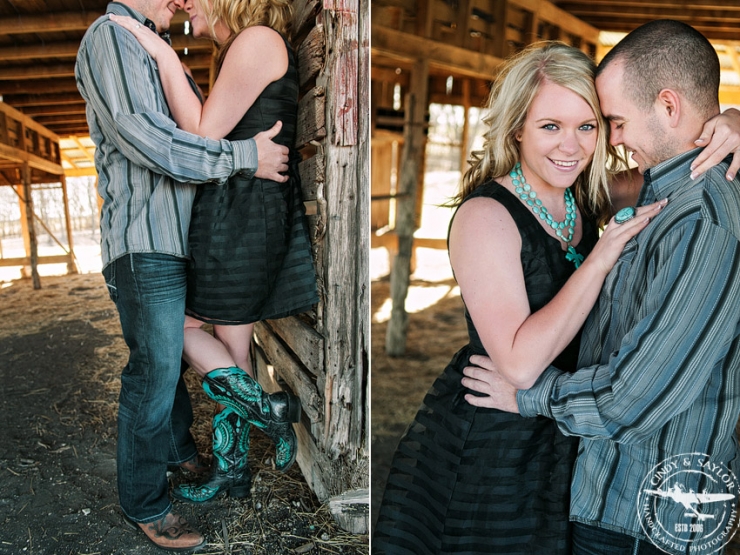 blue boots and black dress at a rustic engagement session in a hay barn photography by Cindy & Saylor Photographer