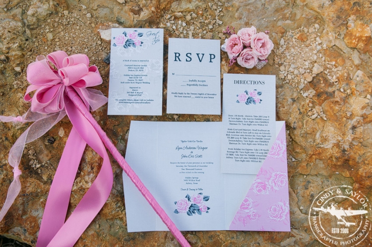 Pink, grey and blue wedding invitation for December wedding at Hidden Springs Events in Aubrey Texas